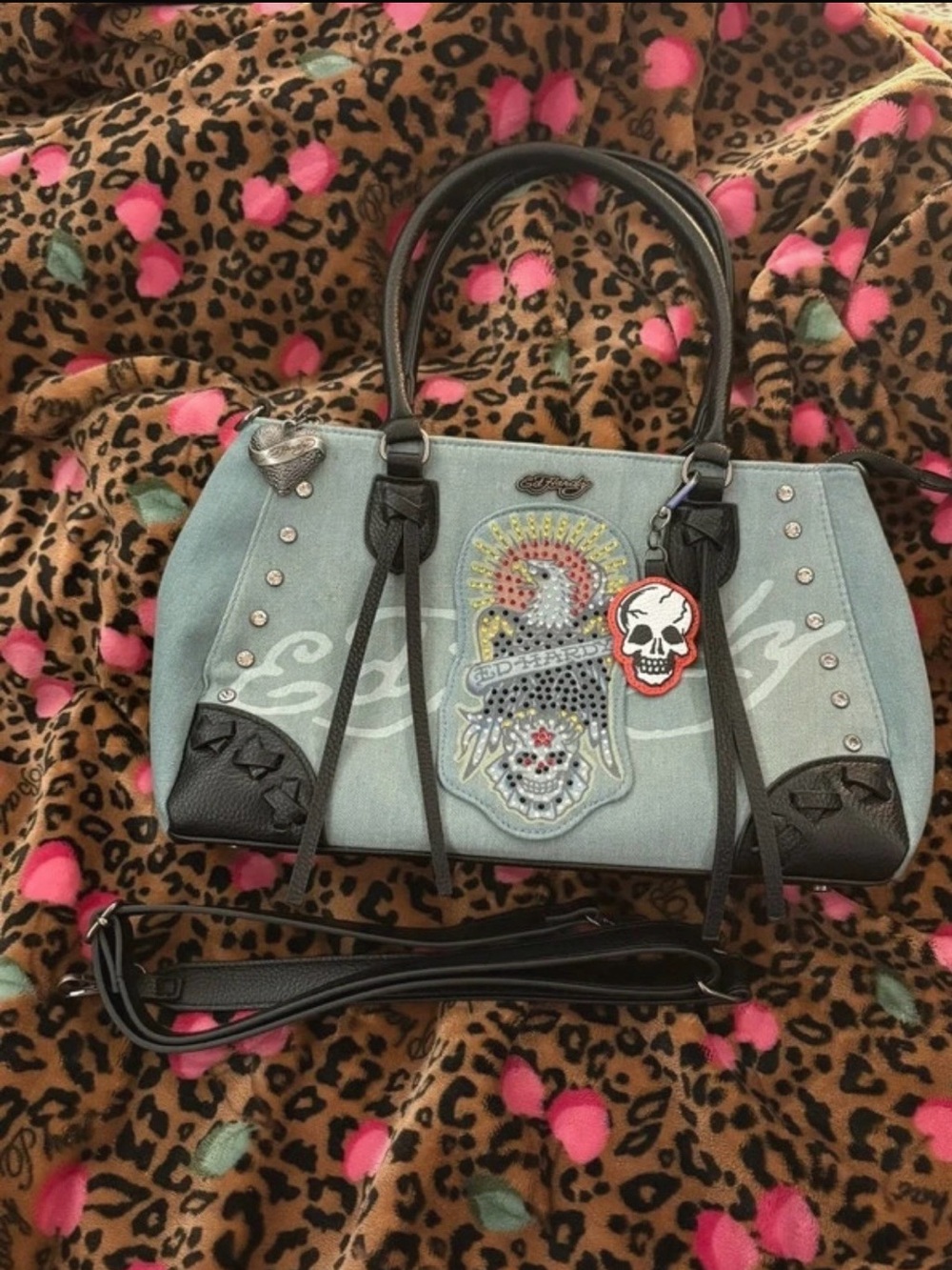 Light Blue Ed Hardy Embellished Women's Satchel Bag
